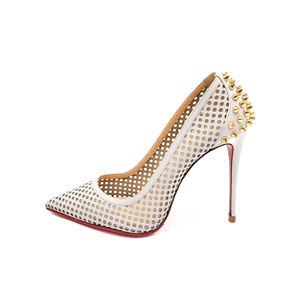 Christian Louboutin Guni 100 White Latte Leather Gold Spiked Pumps EU 38 - Picture 3 of 10